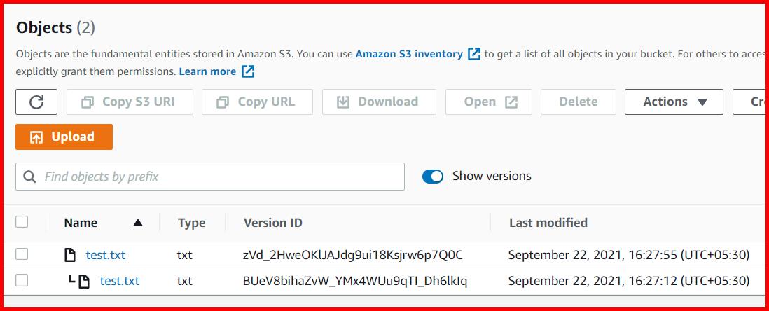 Picture showing the different versions of files uploaded on S3 bucket